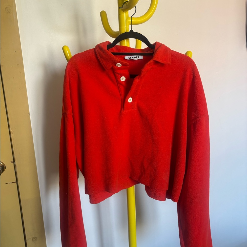 Cropped Red Polo Sweatshirt with Button Placket